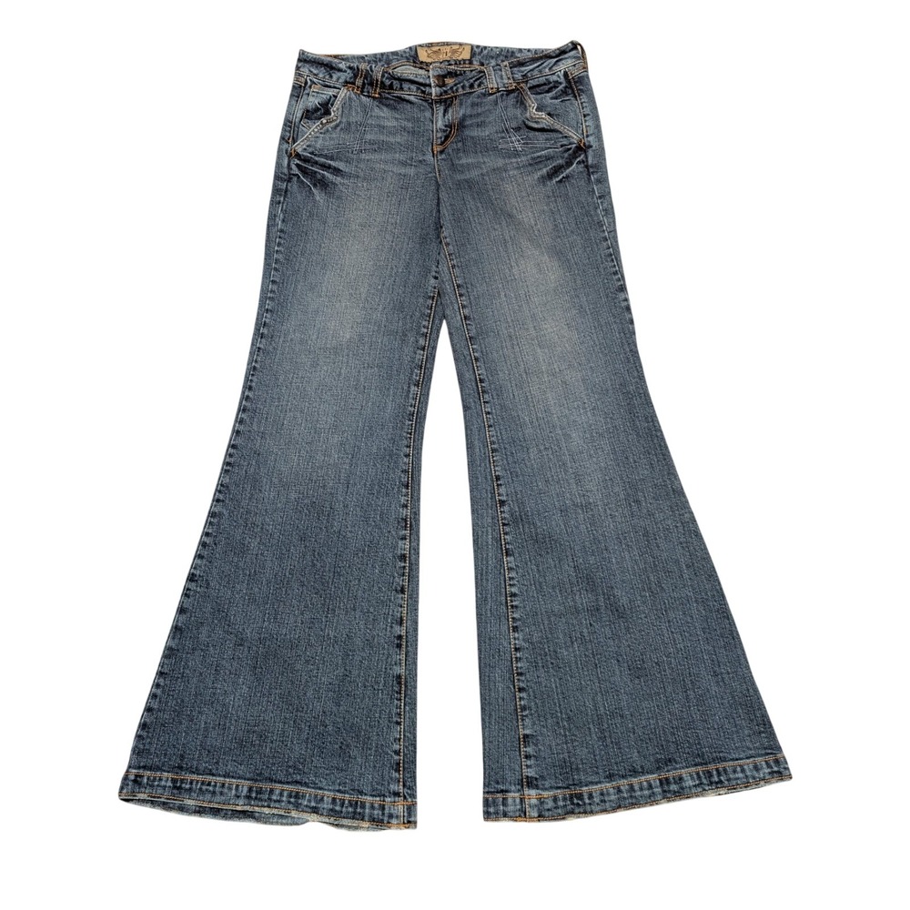 Hint Jeans Flare Pants Womens 32x31‎ Blue Medium Wash Y2K Wide Leg Stretch Denim
